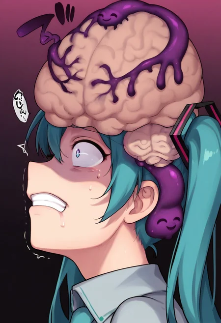 score_9, score_8_up, score_7_up, source_anime,
BREAK
1girl, solo, from side, hatsune miku, twintails,
possession, brain takeover, brain, wide-eyed, clenched teeth, trembling, purple slime, slime smiling
