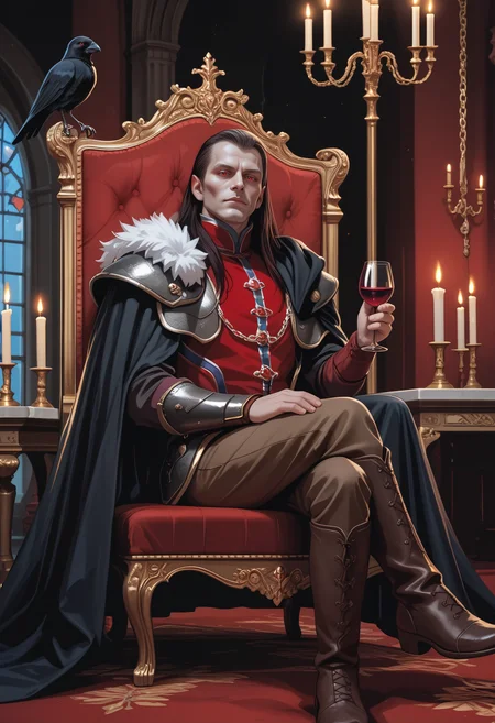 score_9, score_8_up, score_7_up BREAK strahd, colored skin, pale skin, pointy ears, long hair, red eyes, high collar, black cape, cloak chain, red doublet, shoulder armor, fur trim, vambraces, brown pants, brown boots, throne, sitting, crossed legs, holding wine glass, candlestand, candle, looking at viewer, crow, bird,<lora:clamStrahdPDXL_v20:1>