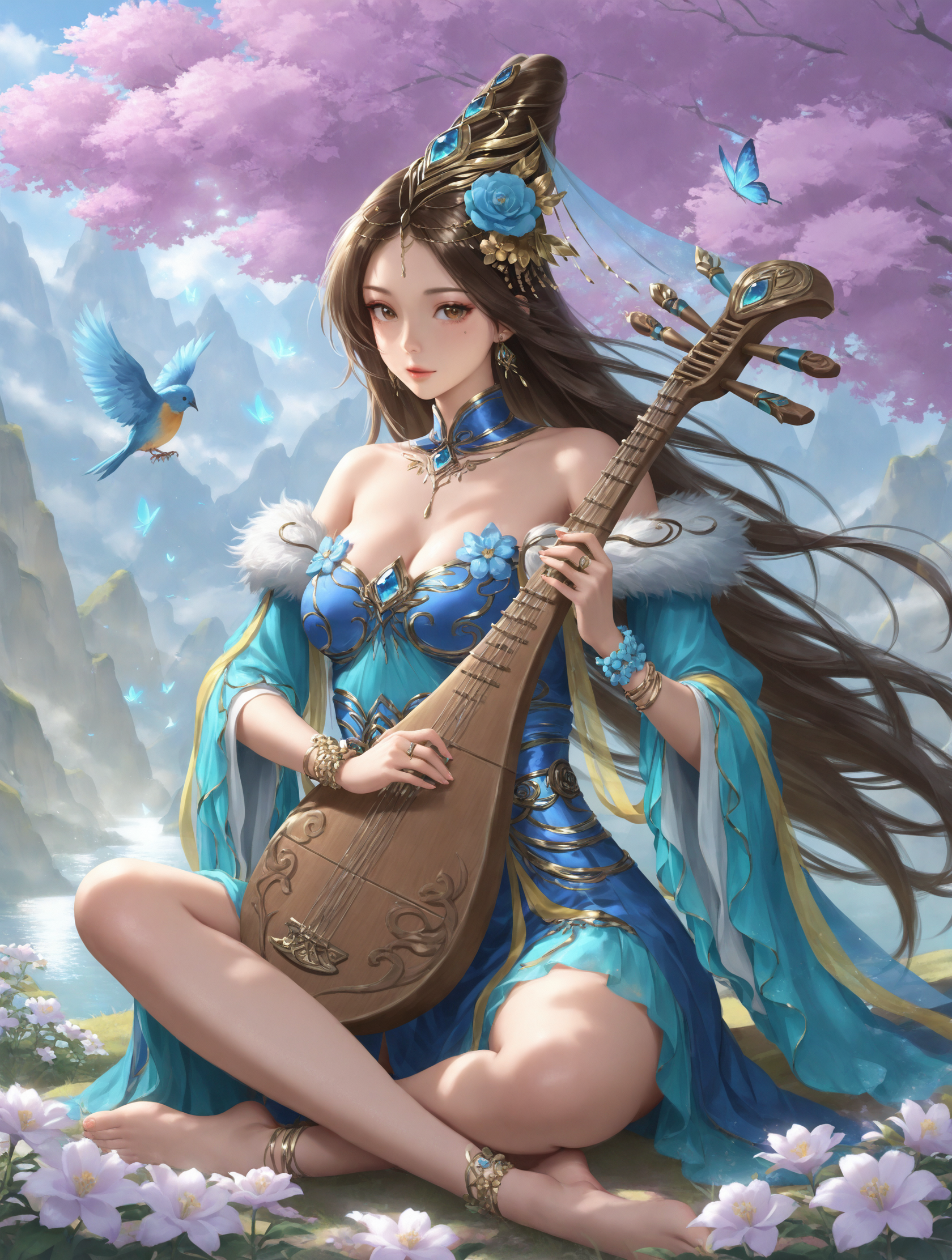 masterpiece,best quality,amazing quality,very aesthetic,volumetric lighting BREAK
[[<lora:spcaiwenji:0.7>]],1girl,anklet,barefoot,bird,bracelet,brown hair,butterfly,dress,earrings,flower,hair flower,hair ornament,instrument,jewelry,long hair,mountain,sitting,solo,looking_at_viewer,knee_up,indian_style,Pipa,playing pipa,