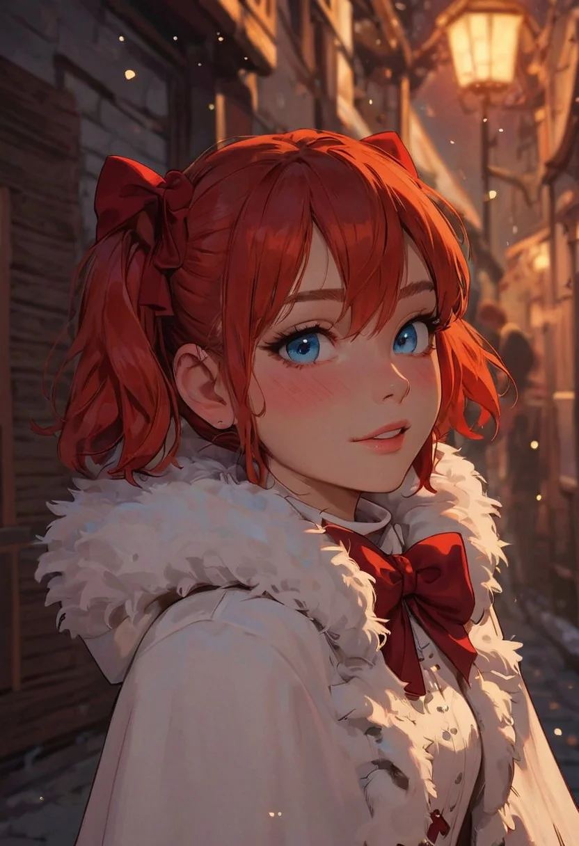 score_9, score_8_up, score_7_up, score_6_up,
1girl, 25 years old, perfect face, cute, petite,
blue eyes,
red hair, short hair, short twintails, hair between eyes, hair bow,
fur trim, fur capelet, white coat dress, fur-trimmed dress, red bow,
blush, shy smile, portrait, face focus, depth of field, looking at viewer,
snowing, winter, village,