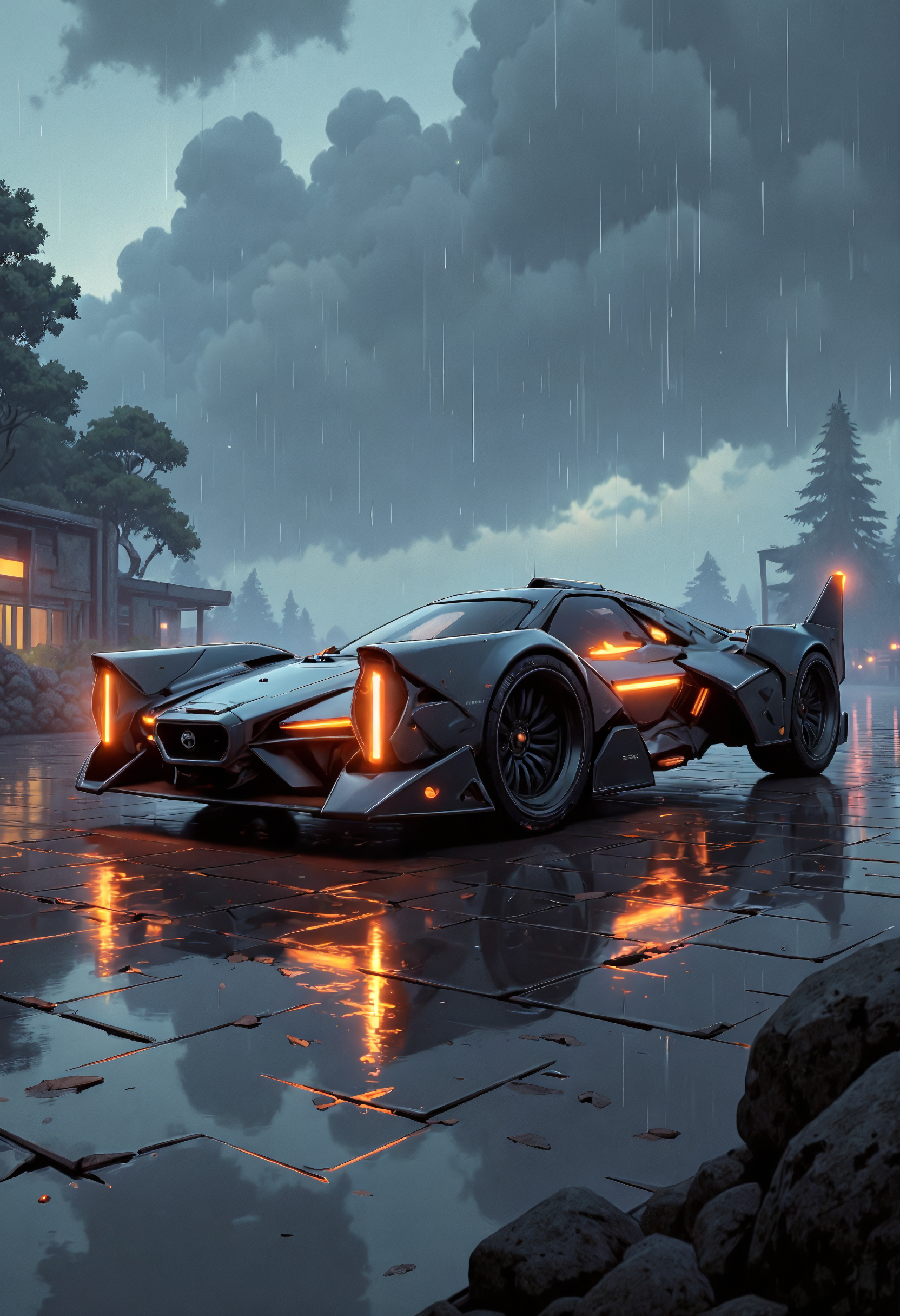 masterpiece, high-quality, A futuristic car parked on a rain-slick platform beneath a glowing overcast sky, Exaggerated line art defines its sleek reflective surfaces, while faint neon streaks trace its edges enhancing the dynamic lighting of the scene, reflective surfaces, glowing streaks, angular design, bold outlines, (elaborate fine details:1.1), (hyperdetailed:1.1), (intricate details:1.0), (Refined details:1.1), (best quality:1.1), (high resolution:1.2),,