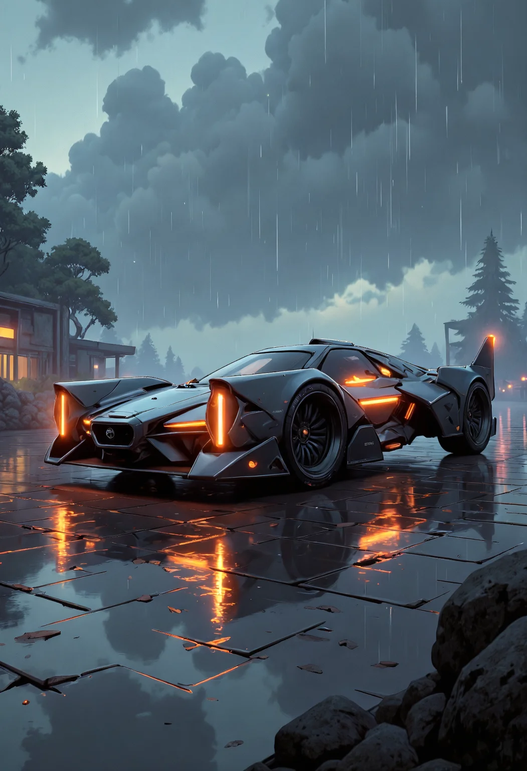 masterpiece, high-quality, A futuristic car parked on a rain-slick platform beneath a glowing overcast sky, Exaggerated line art defines its sleek reflective surfaces, while faint neon streaks trace its edges enhancing the dynamic lighting of the scene, reflective surfaces, glowing streaks, angular design, bold outlines, (elaborate fine details:1.1), (hyperdetailed:1.1), (intricate details:1.0), (Refined details:1.1), (best quality:1.1), (high resolution:1.2),,