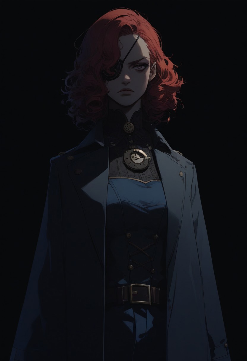 score_9, score_8_up, score_7_up, women, simple background, black background, human, official state dark blue clothing, long black coat, steampunk outfit, solo, standing up straight, serious face, a patch over his eye, red hair, аfro shoulder-length curls, pants, young, steampunk detective clothes