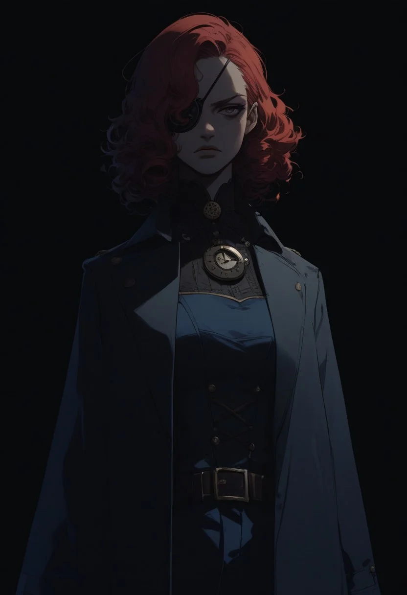 score_9, score_8_up, score_7_up, women, simple background, black background, human, official state dark blue clothing, long black coat, steampunk outfit, solo, standing up straight, serious face, a patch over his eye, red hair, аfro shoulder-length curls, pants, young, steampunk detective clothes