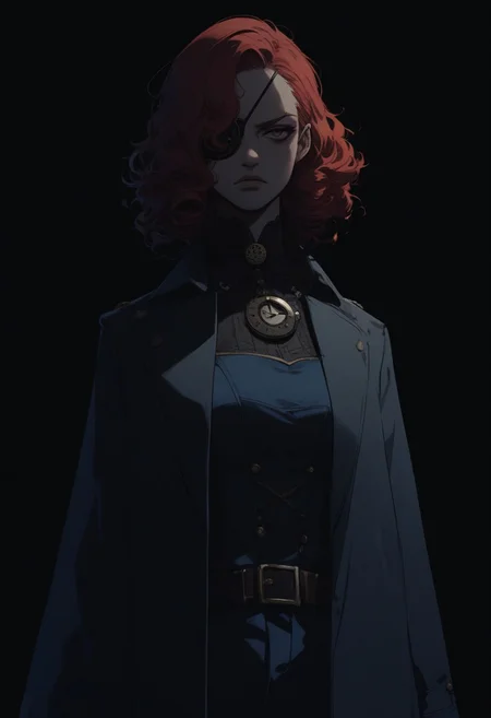 score_9, score_8_up, score_7_up, women, simple background, black background, human, official state dark blue clothing, long black coat, steampunk outfit, solo, standing up straight, serious face, a patch over his eye, red hair, аfro shoulder-length curls, pants, young, steampunk detective clothes