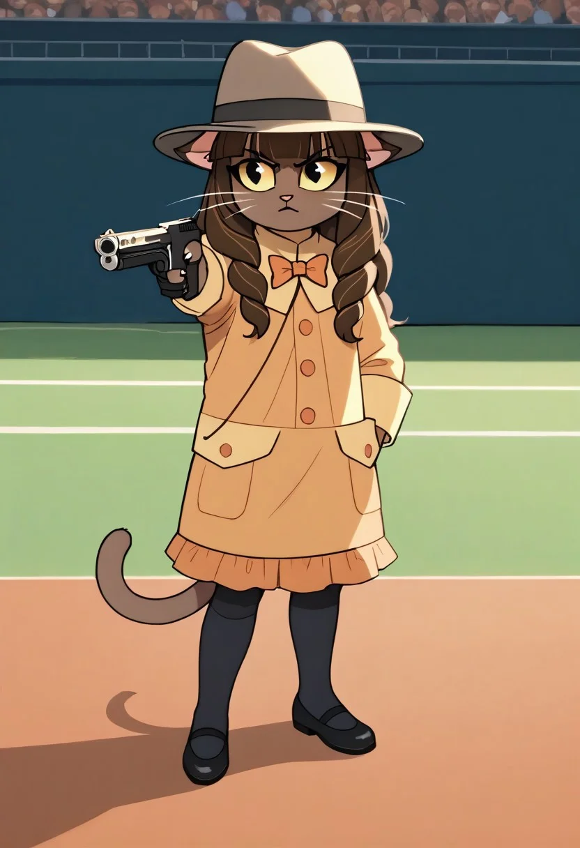 score_9, score_8_up, score_7_up, score_6_up,source_anime, cinematic shadow, cinematic light, screencap, cute and sensitive, soft skin, characters focus, detailed eyes, detailed skins,rating_explicit, full body,ivy, brown long hair,braids,blunt bangs,black eyes, colored sclera, yellow sclera, no human, furry, brown furr, cat ears,ivydress, orange bowtie,yellow coat, solo, younger, holding weapon, holding gun, handgun, hand in pocket, aiming, claws, footwear, tail, crowded stadium, full of people, vintage, brown headwear