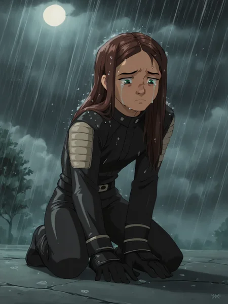 score_9, score_8_up, score_7_up, score_6_up, BREAK, X23, 1girl, solo, long hair, brown hair, green eyes, black gloves, black uniform, kneeling, hands on ground, sad face, looking down, crying, night, raining, moonlight, clouds, light rays, wet hair, waterdrops on face, waterdrops, <lora:X23:0.8>