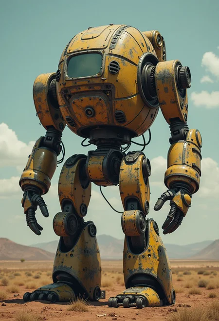 A digital artwork in the style of cknc, image of a battered, obsolete robot