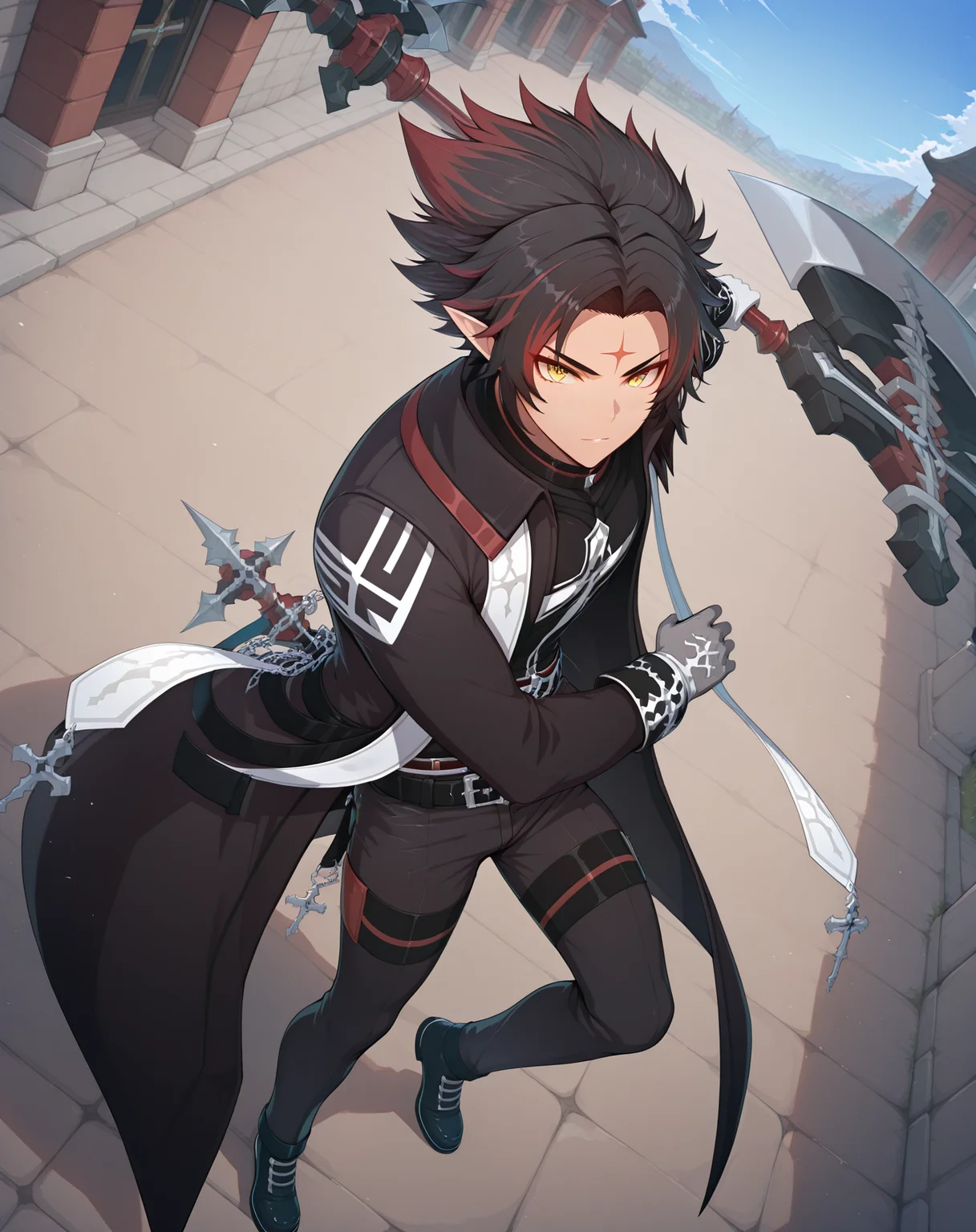 masterpiece, best quality, absurdres, very aesthetic,
1boy, solo, yaoi, male focus,
full body, dutch angle, from above, looking at viewer, close-up,
<lora:Ryan_Werewolf:1> ryanwerewolf, black hair, multicolored hair, pointy ears, facial mark, red hair, two-tone hair, streaked hair, forehead mark, yellow eyes,
white gloves, black pants, holding weapon, black coat, belt, black footwear, shoes, shirt, chain, long sleeves, grey gloves, cross,
holding axe, holding weapon, axe,
outdoors, day, blue sky,