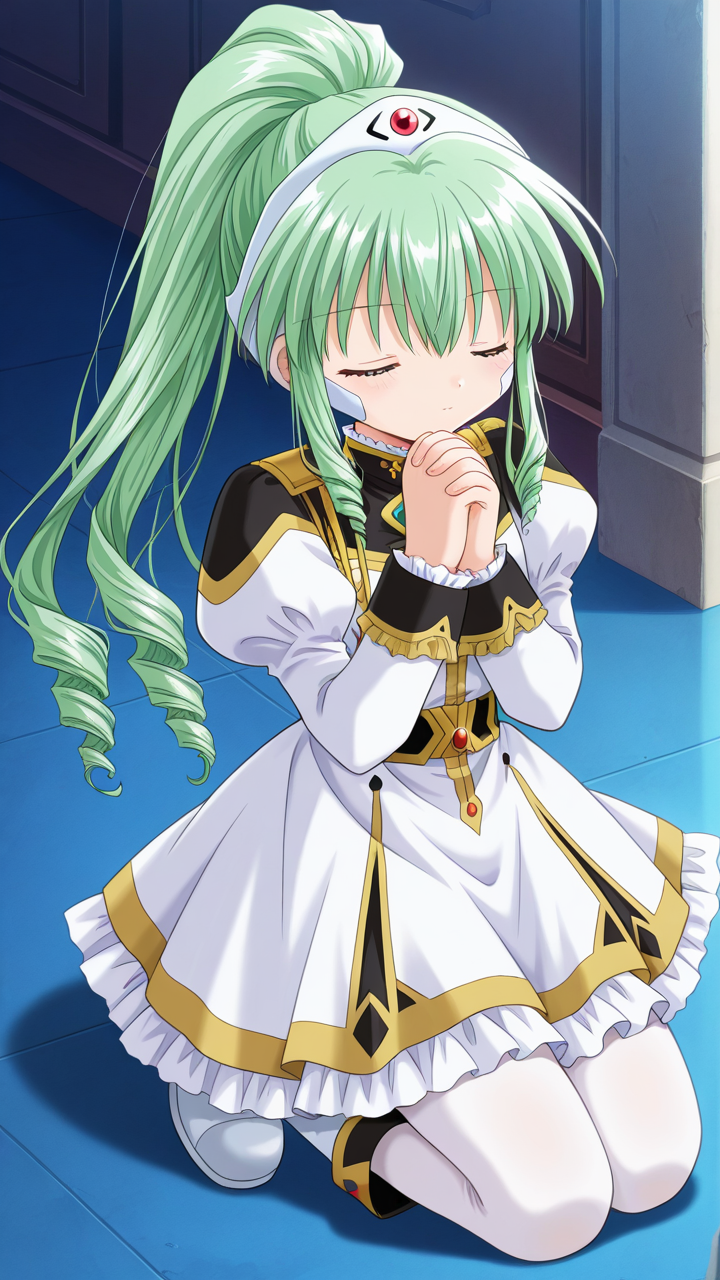 masterpiece, best quality, amazing quality, very aesthetic, absurdres, newest, anime screencap, <lora:checkpoint-e24_s720:1>, vanilla h, kanan, green hair, ponytail, drill hair, long hair, sidelocks, hair between eyes, headgear, uniform, white dress, frilled dress, frills, long sleeves, juliet sleeves, pantyhose, white pantyhose, white boots, praying, interlocked fingers, own hands clasped, own hands together, kneeling, closed eyes, solo,