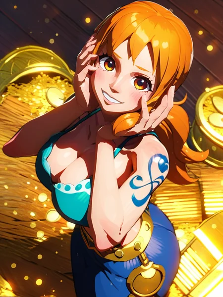 score_9, score_8_up, score_7_up, score_6_up,nami \(one piece\) with a treasure chest, hands on face, evil smile, cute, looking at viewer, (from above, from side), very happy, smile, sexy, medium breasts, particles, cute, cowboy shot, front, huge breasts, 
BotWYei, cartoon, 3d,  <lora:ZeldaBotW_Style-10:1>