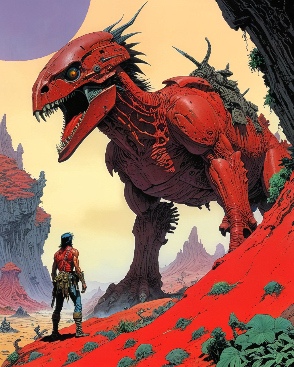 Turok in the Land of the Lost, crimson, <lora:add-detail-xl:0.75> <lora:xl_more_art-full_v1:0.5>  <lora:Moebius (Jean Giraud) Style:1> Moebius (Jean Giraud) Style page