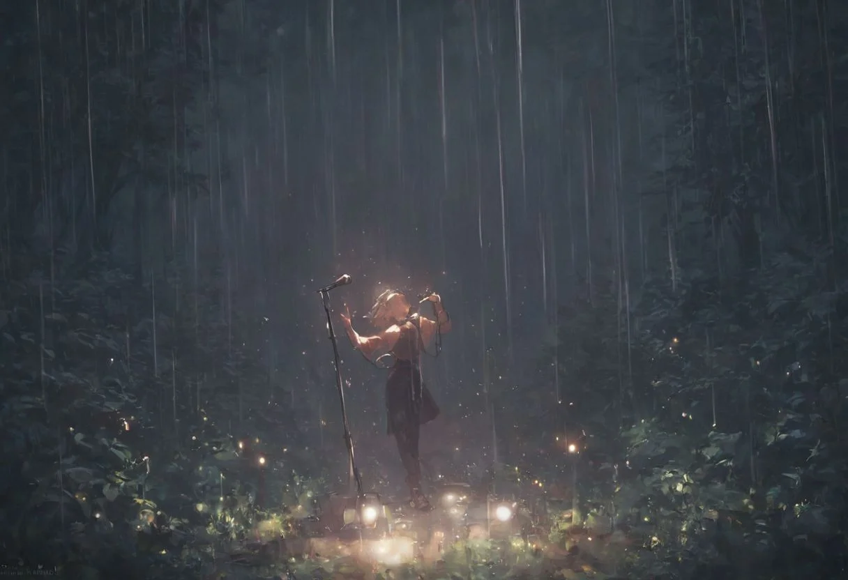 score_9, score_8_up, score_7_up, 1 single girl, stage in the forest, singer, spot light, rain, high resolution, best quality