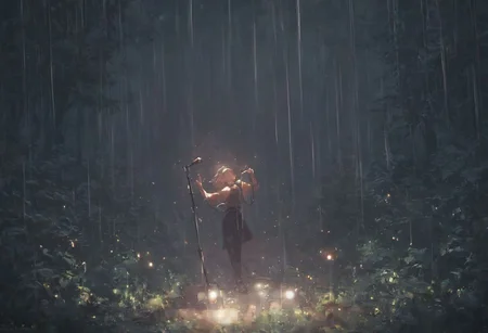 score_9, score_8_up, score_7_up, 1 single girl, stage in the forest, singer, spot light, rain, high resolution, best quality