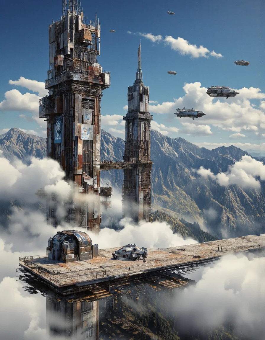 By Brandon Le. A futuristic, sci-fi scene from a bird's eye view about a futuristic cityscape with tall, metallic structures and futuristic vehicles. the image also shows a dense, misty landscape with distant mountains and a clear blue sky. on the left side of the image, a large, futuristic building with multiple structures, including a quadcell logo, is visible, along with a group of people standing on a platform. the building appears to be made of metal and has a metallic sheen, giving it a sleek and modern look. in the foreground, a small, futuristic vehicle is parked on the platform, adding to the futuristic feel of the scene. the sky is filled with fluffy white clouds, and in the background, several flying spaceships can be seen, adding a sense of movement to the image.
