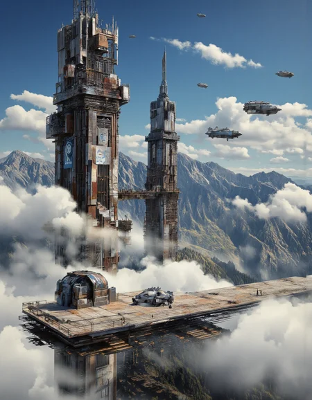 By Brandon Le. A futuristic, sci-fi scene from a bird's eye view about a futuristic cityscape with tall, metallic structures and futuristic vehicles. the image also shows a dense, misty landscape with distant mountains and a clear blue sky. on the left side of the image, a large, futuristic building with multiple structures, including a quadcell logo, is visible, along with a group of people standing on a platform. the building appears to be made of metal and has a metallic sheen, giving it a sleek and modern look. in the foreground, a small, futuristic vehicle is parked on the platform, adding to the futuristic feel of the scene. the sky is filled with fluffy white clouds, and in the background, several flying spaceships can be seen, adding a sense of movement to the image.