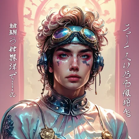 score_9, score_8_up, score_7_up, <lora:VaporwavePonyV2:1> ArsMJStyle, Vaporwave, A roman bust wearing VR goggles, set against a background of cascading Windows 95 error messages. Vaporwave-style Japanese text floats around the sculpture.
