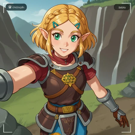 score_9, score_8_up, score_7_up, source_anime, anime coloring, status screen, equipment
BREAK
flamebreaker armor (female), flamebreaker boots (Female), 1girl, solo, smile, short hair, blonde hair, hair ornament, gloves, holding sheikah slate, green eyes, braid, pointy ears, outdoors, rocky mountain, crag, day, hairclip, crown braid, princess zelda, goron symbol, taking selfie.