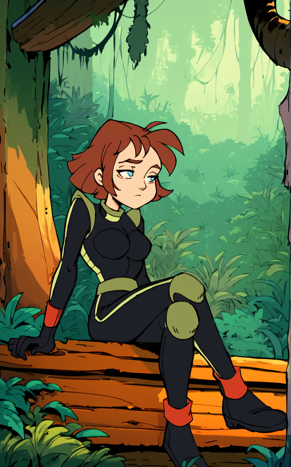 score_9, score_8_up, score_7_up,((best quality)), absurdres, <lora:BolivanteStyle:0.8>, <lora:HPMPSPXL:0.8>,HPMPSPXL,   black bodysuit,short hair, blue eyes, brown hair,gloves, black gloves,bodysuit,knee pads ,standing, jungle,leg up,sitting, crossed legs, tired, cabin, outside