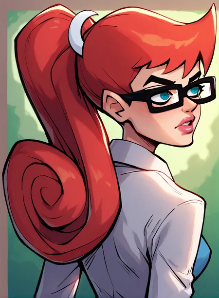 score_9,score_8_up,score_7_up,score_6_up,score_5_up, source_cartoon, MaryTest, red hair, crescent, (from behind, looking away), blue eyes, lips, lipstick, hair hornament, Black-Framed eyewear, ponytail, <lora:Jo001:1>, (Pumpkin orange)(Sleeveless tunic with a geometric print and side slits. :1.2), (Iridescent Blue)(Distressed denim skirt with a raw edge.), (Idyllic vineyard with rows of grapevines and a sunset backdrop :1.2), (Balancing in a dancer's pose), (bashful face), chapter cover, flat color