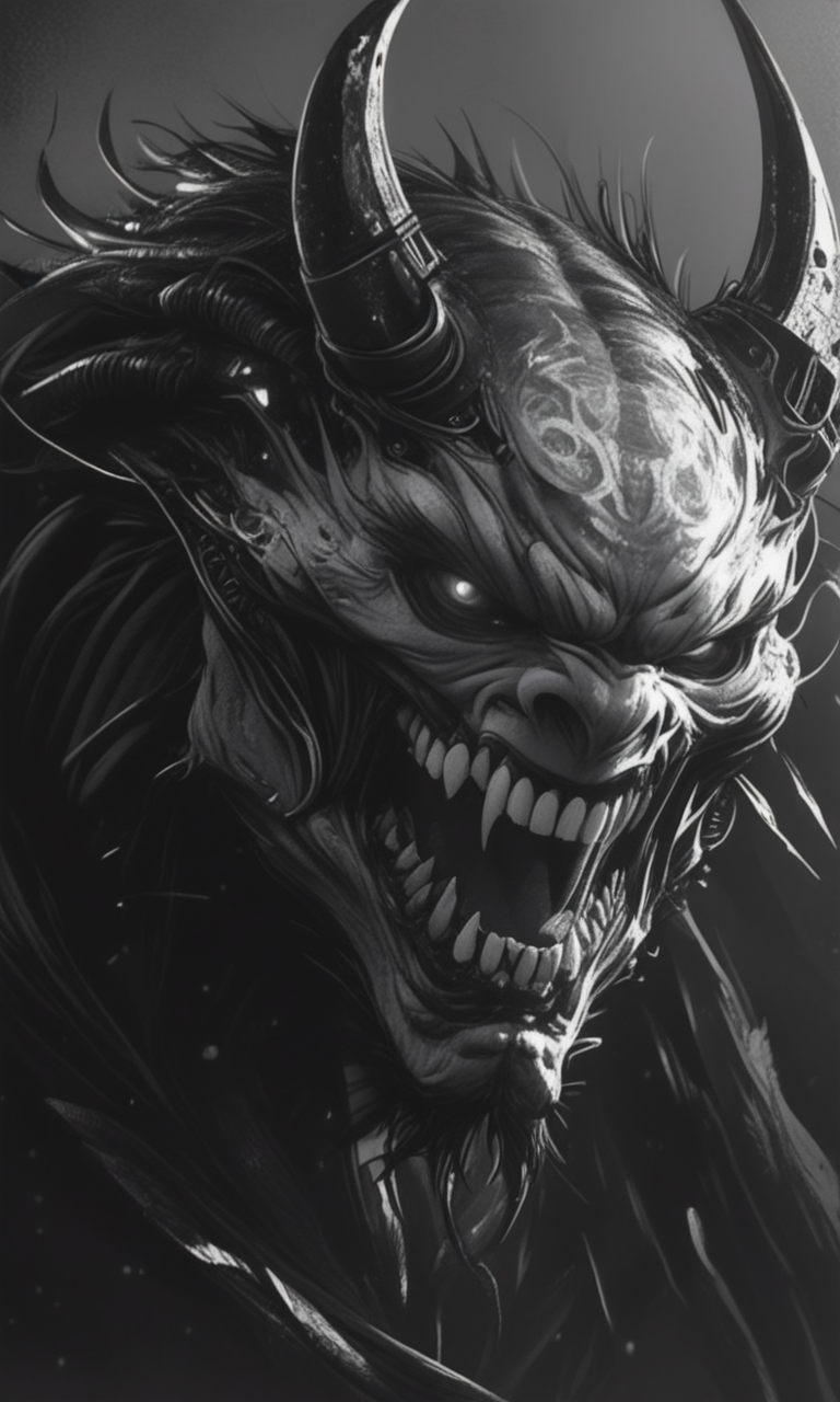 A haunting grayscale digital drawing of a demonic snarling face with sharp teeth glowing eyes and twisted horns set against a dark ominous background. The intense high-contrast lighting emphasizes the sinister menacing expression.  <lora:- iLL -PdJ_highres_counterweight _V1.0-step00007000:.8>  <lora:- iLL - the_edgy_mech_V2.0-step000013500:0.8>