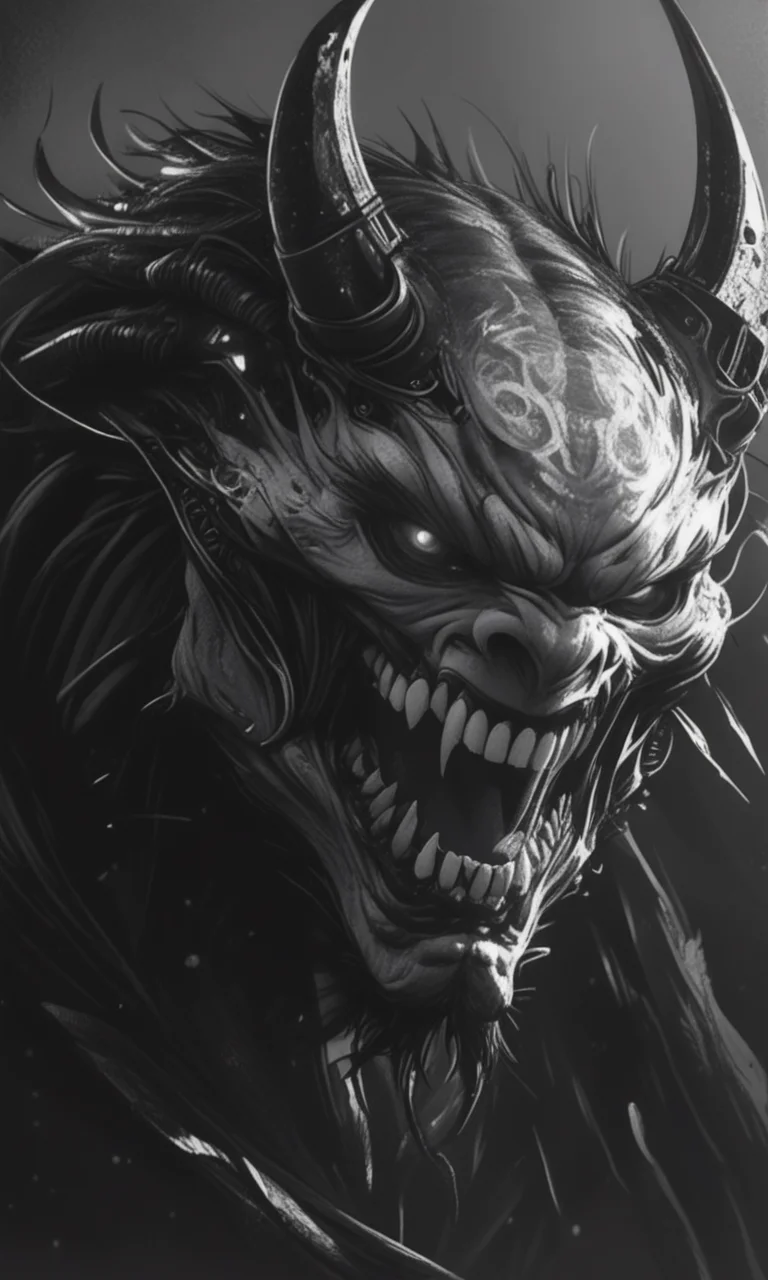 A haunting grayscale digital drawing of a demonic snarling face with sharp teeth glowing eyes and twisted horns set against a dark ominous background. The intense high-contrast lighting emphasizes the sinister menacing expression. <lora:- iLL -PdJ_highres_counterweight _V1.0-step00007000:.8> <lora:- iLL - the_edgy_mech_V2.0-step000013500:0.8>
