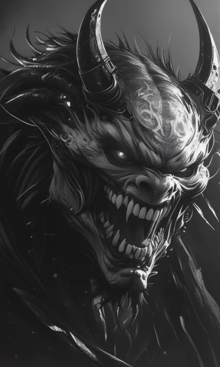 A haunting grayscale digital drawing of a demonic snarling face with sharp teeth glowing eyes and twisted horns set against a dark ominous background. The intense high-contrast lighting emphasizes the sinister menacing expression.  <lora:- iLL -PdJ_highres_counterweight _V1.0-step00007000:.8>  <lora:- iLL - the_edgy_mech_V2.0-step000013500:0.8>