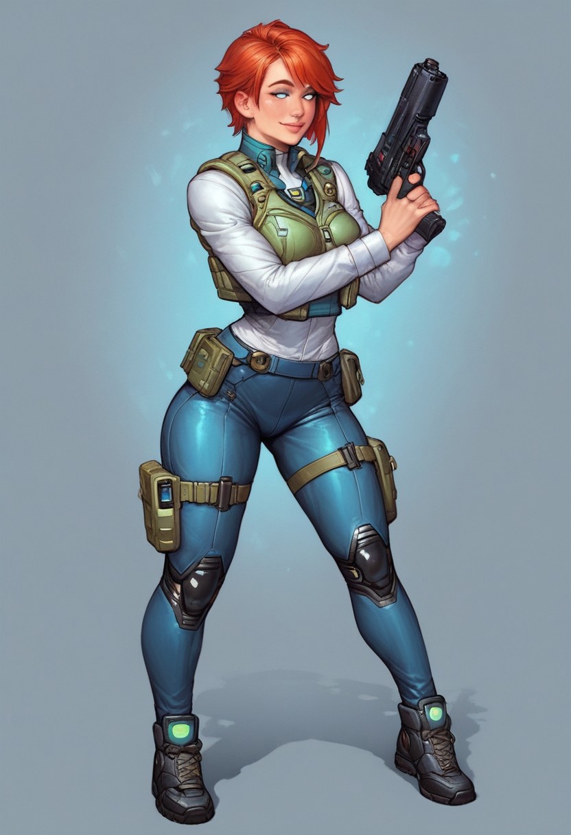 ((1girl, cute face, dynamic pose,
Glowing aura surrounding a futuristic character like the Nomad, clad in a futuristic detailed brown suit handmade, (((futuristic army vest armor))) patches on suit, redhead, long bangs, holographic blue light streaks, medium breasts, (big shining white eyes without pupils:1.5), dynamic pose)), coy smile
BREAK 
((((full closed)))), (((big futuristic gun in hands, sci-fi gun in hands)))
score_9, score_8_up, score_7_up, score_6_up, source_cartoon, rating_explicit, Expressiveh, (((((full body))))), dynamic pose, (in wastelands, sandstorm:1.3)