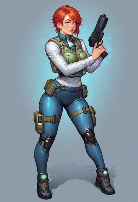 ((1girl, cute face, dynamic pose,
Glowing aura surrounding a futuristic character like the Nomad, clad in a futuristic detailed brown suit handmade, (((futuristic army vest armor))) patches on suit, redhead, long bangs, holographic blue light streaks, medium breasts, (big shining white eyes without pupils:1.5), dynamic pose)), coy smile
BREAK
((((full closed)))), (((big futuristic gun in hands, sci-fi gun in hands)))
score_9, score_8_up, score_7_up, score_6_up, source_cartoon, rating_explicit, Expressiveh, (((((full body))))), dynamic pose, (in wastelands, sandstorm:1.3)