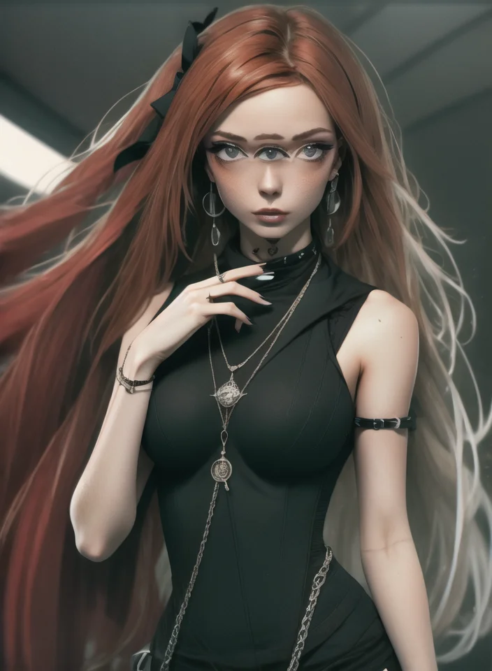 <lora:Three_Eyes_In_A_Row:1.1>, (large breasts:1.0), (medium shot), a 20 years old girl, hourglass slim figure, solo, (realistic), <lora:eye_size_slider_v1:0.8>,  <lora:Gothpunkgirl-000009:0.8>, <lora:punk_v0.2:0.8>, (young), AS-YoungV2, nbdy-isabella-sd15, focus on face, (Big eyes:0.8),  (slender:0.8), <lora:DetailedEyes:0.9>, red hair, playful pose, (turtleneck:0.4), (navel:0.4), tall, ((5 fingers)), forehead, medium hair