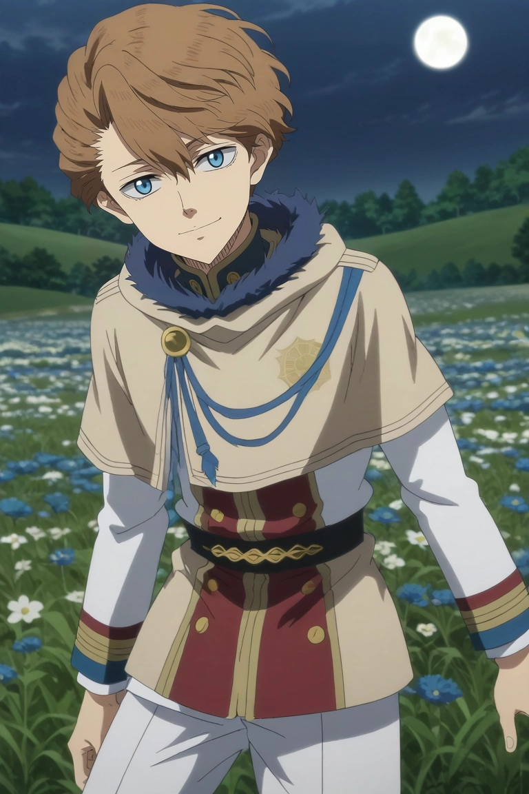 score_9, score_8_up, score_7_up, source_anime, rating_safe, , anime screencap, anime coloring, official style, looking at viewer, depth of field, 1boy, solo, male focus, <lora:langris_vaude_pony:0.98>, langris_vaude, brown hair, blue eyes, short hair, hair between eyes, from afar, full body, flower field, flowers, night, crescent moon, one leg up, smile, , <lora:sdxl_lightning_8step_lora:1>