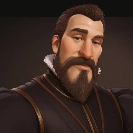 masterpiece, best quality, newest, absurdres, highres, Diz_D00dz, white borders around characters, soft light, BREAK bara, muscular, 1man, male focus, male, male focus, 1boy, PhilipIICIVVI, blue eyes, brown hair, short hair, facial hair, beard, mustache, goatee beard, slick back hair, fleshy nose, {{beefy}}, {{muscular}}, {{large}}, smirk, looked at the viewer, close up to face