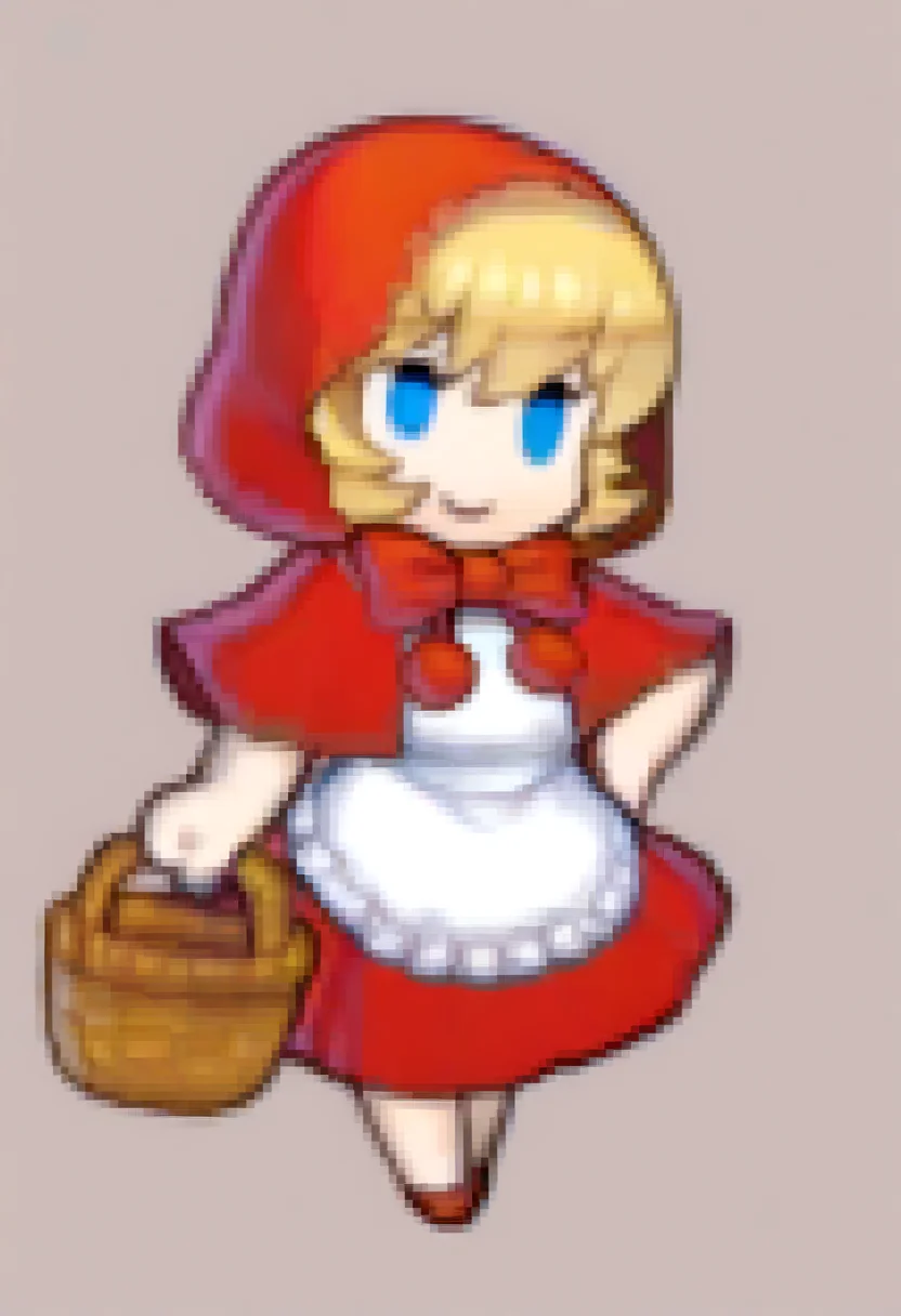 masterpiece, best quality, solo, 1girl, smile, <lora:Feh-Sprites-illus_Fp:1>, chibi, full body, simple background, <lora:Bbhood-illus_Fp:1>, bbhood, short hair, blonde hair, blue eyes, hood, capelet, red dress, bow, white apron, pom pom \(clothes\), hood up, basket,