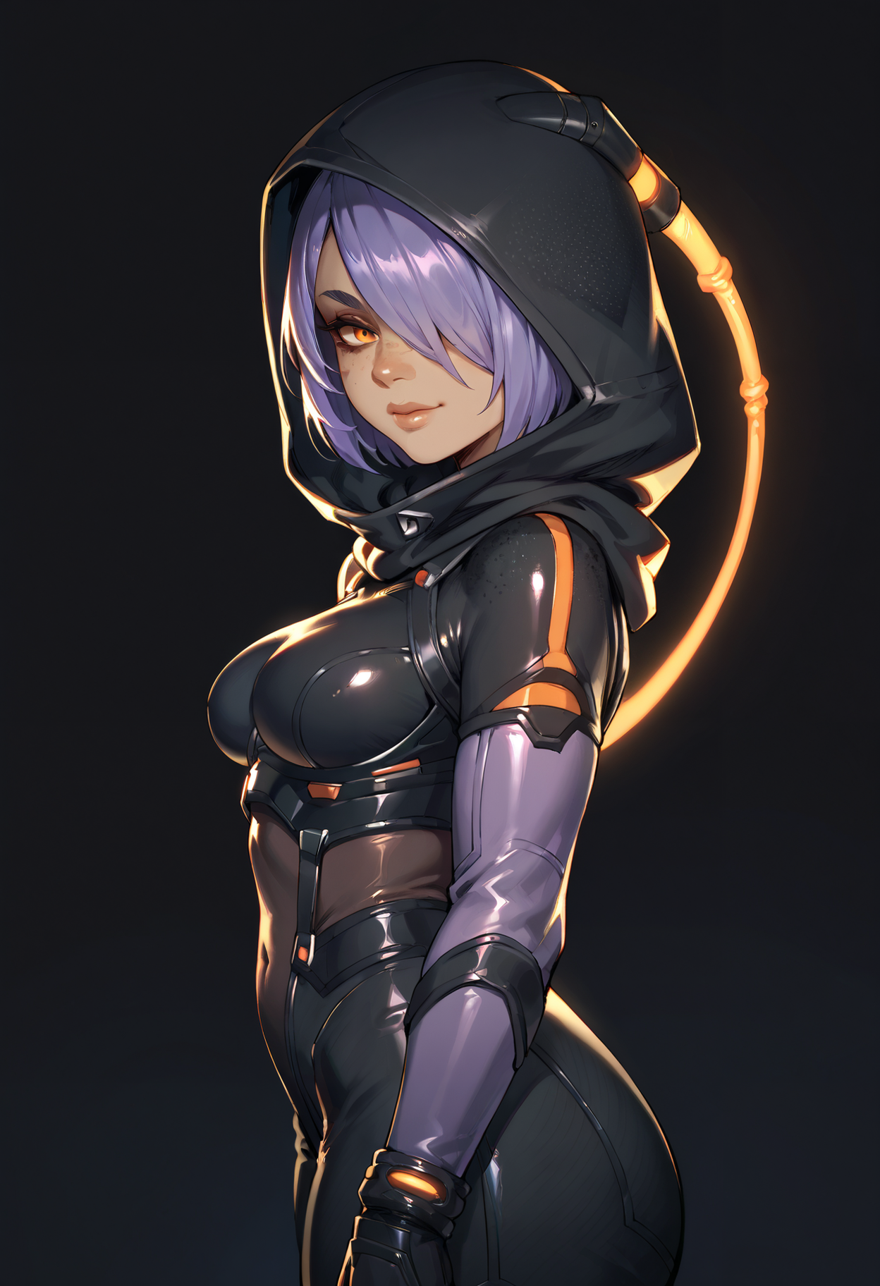 score_9,score_8_up,score_7_up,score_6_up,dark background,bodysuit,medium breasts,hood,purple hair,short hair,orange eyes,looking at viewer,from side,hair over one eye,makeup,freckles,thick thighs,black pants,glowing,<lora:MyTrainings\Temp\Apex\Loba_Heat_Shade_Pony\v6_5e_no_trigger_word_and_added_hand_tags\Loba_Heat_Shade_Pony_ARZUMATA.safetensors:0.6>