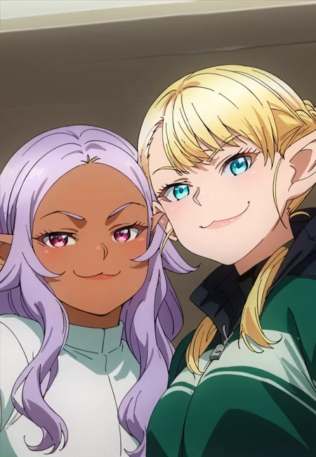 score_9_up, score_8_up, score_7_up, source_anime, <lora:Elf_cant_on_a_diet_style_PDXL_by_paprikalem:1>, 2girls, dark elf, thick, dark skin, purple hair, pink eyes, pointy ears BREAK elf, blonde hair, blue eyes, long hair, smug, looking at viewer, best quality, high quality