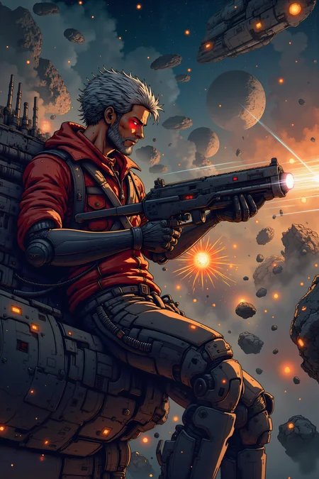A renegade space pirate, his metallic arm gripping a blaster, leans against the railing of a dilapidated space freighter as it hurtles through an asteroid field. His skin is dark and weathered, with a scar running down the side of his cheek, and his cybernetic eye glows a menacing red as it scans the incoming debris. His short, spiky silver hair reflects the flashing lights of the shipâs failing systems, while his tattered leather jacket flaps in the artificial wind. Behind him, the freighterâs bridge is a chaotic mess of broken consoles and sparking wires, the crew shouting orders as they attempt to outrun pursuing ships. His expression is one of grim satisfaction, a grin spreading across his face as he adjusts the settings on his blaster, preparing for a fight. The asteroid field around them glows with the light of nearby stars, massive rocks tumbling dangerously close to the shipâs hull. His mechanical arm whirs softly as it readies for combat, the metallic fingers twitching with anticipation. The distant glow of laser fire illuminates the scene.<lora:flux_manga_ske>
