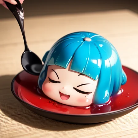 (bean paste jelly and chibi face made by agar and sugar on plate:1), :D, a surrealist sculpture, (oblate coated gloss finish face:1.2),(mizuyoukan bangs:1.3), looking_down, from side, yukkuri shiteitte ne, tea spoon, traditional media,