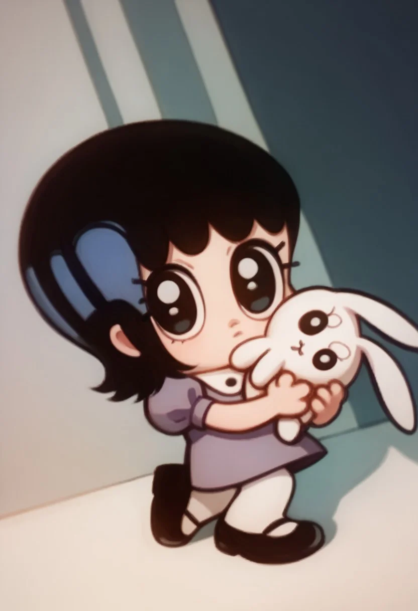 score_9, score_8_up, score_7_up BREAK AyeEyes, 1girl, black hair, black eyes, white buttoned collar, puff sleeve purple dress, white stockings, black mary jane shoes, holding white bunny plush, staring at viewer, chibi size, chibi style,