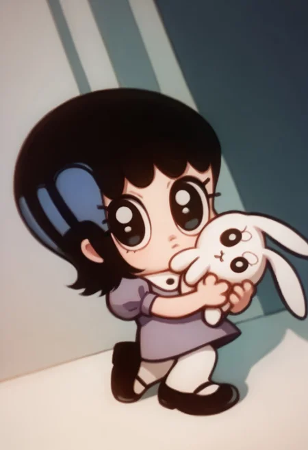 score_9, score_8_up, score_7_up BREAK AyeEyes, 1girl, black hair, black eyes, white buttoned collar, puff sleeve purple dress, white stockings, black mary jane shoes, holding white bunny plush, staring at viewer, chibi size, chibi style,