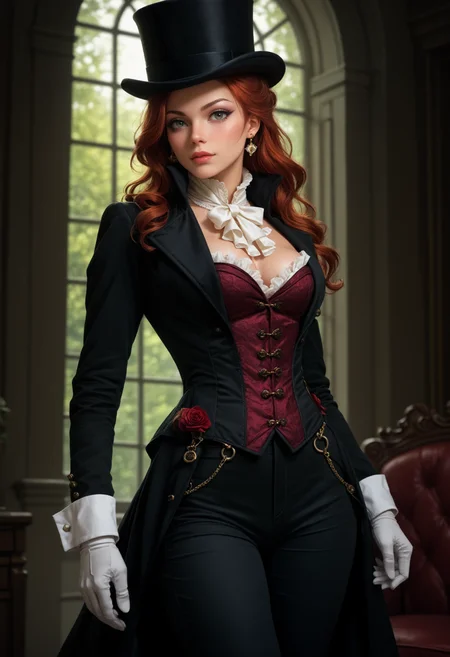 score_9, score_8_up, score_7_up, score_6_up, r1d3r, beautiful woman, solo, top hat, jacket, white gloves, high collar, hips, pants, black boots, corset, cuffs,  <lora:Outfit_soph-VictorianRidingBasic-PDXL:0.7>