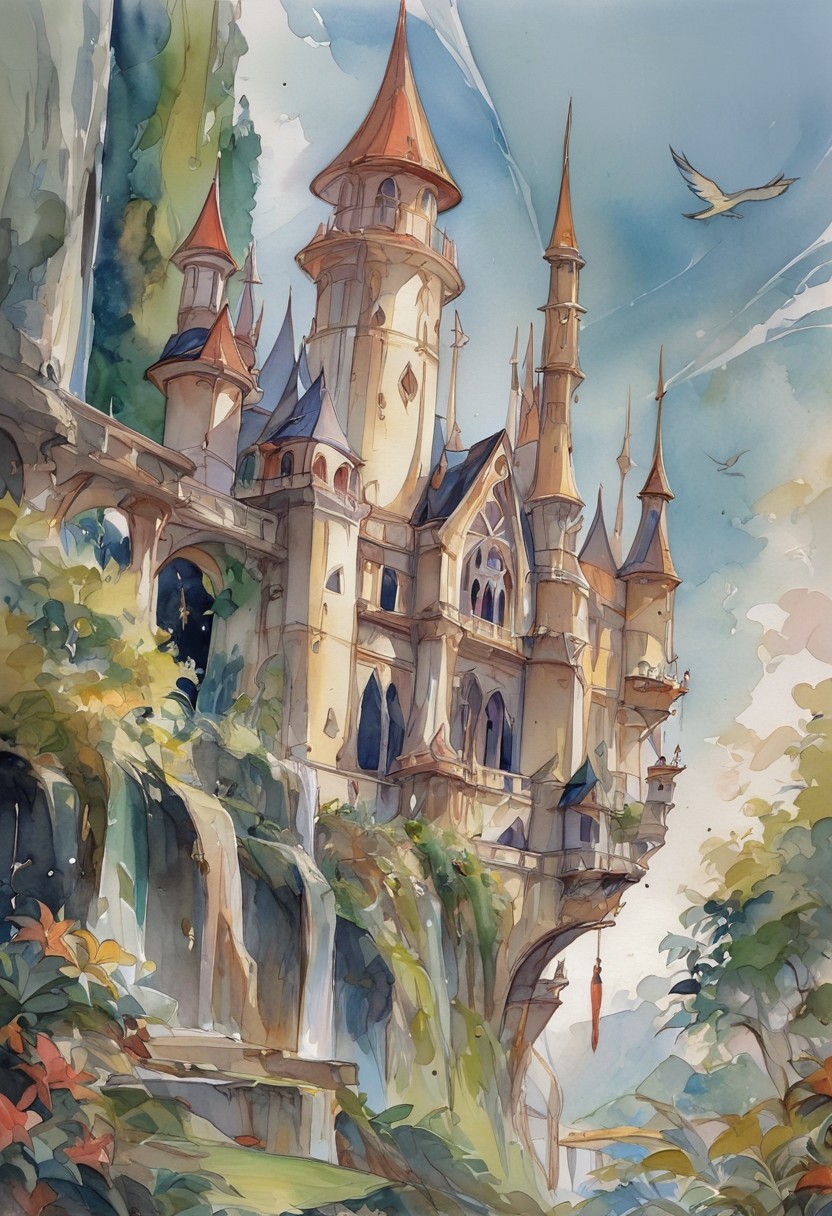 score_9, score_8_up, score_7_up, rating_safe, watercolor \(medium\), traditional media,A large, grandiose castle with multiple towers and domes perched on a cliffside, surrounded by lush greenery and overlooking a serene body of water. The architecture is a blend of classical and fantasy elements, featuring intricate details and vast, open courtyards. The scene is set in a bright, clear day, with a few ships sailing in the distance and birds flying around the castle. The environment exudes a sense of awe and majesty, highlighting the castle's grandeur and the beauty of the surrounding landscape.
