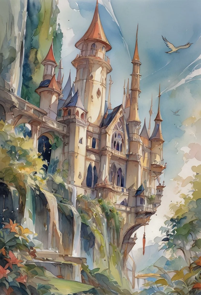 score_9, score_8_up, score_7_up, rating_safe, watercolor \(medium\), traditional media,A large, grandiose castle with multiple towers and domes perched on a cliffside, surrounded by lush greenery and overlooking a serene body of water. The architecture is a blend of classical and fantasy elements, featuring intricate details and vast, open courtyards. The scene is set in a bright, clear day, with a few ships sailing in the distance and birds flying around the castle. The environment exudes a sense of awe and majesty, highlighting the castle's grandeur and the beauty of the surrounding landscape.
