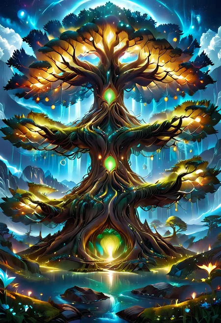 A captivating night scene illustration Yggdrasil tall on a large snowy mountain overlooking a lake. lthndrtrl, Yggdrasil, emits a warm glow, highlighting its incredible magic and grandness. The snowy hill is covered in great pine trees, reflecting on the calm, moonlit snow that mirrors the silvery moonlight. The full moon graces the sky, casting an ethereal glow on the clouds and mountain, while wispy clouds partially obscure its brilliance, adding to the scene's mystique. Twinkling stars dot the sky, creating a celestial tapestry that harmonizes with the moon's radiance. This enchanting artwork captures a serene and peaceful night, where the illuminated Yggdrasil stands resolute amidst the celestial beauty, creating a cinematic experience., illustration, cinematic, lthndrtrl, Yggdrasil
<lora:DonM3t3rn1tyXL-v1.1:0.7>, DonM3t3rn1tyXL,
OverallDetailXL <lora:MJ52:0.3> <lora:SDXLFaeTastic2400:0.4> <lora:EpicF4nta5yXL:0.7>