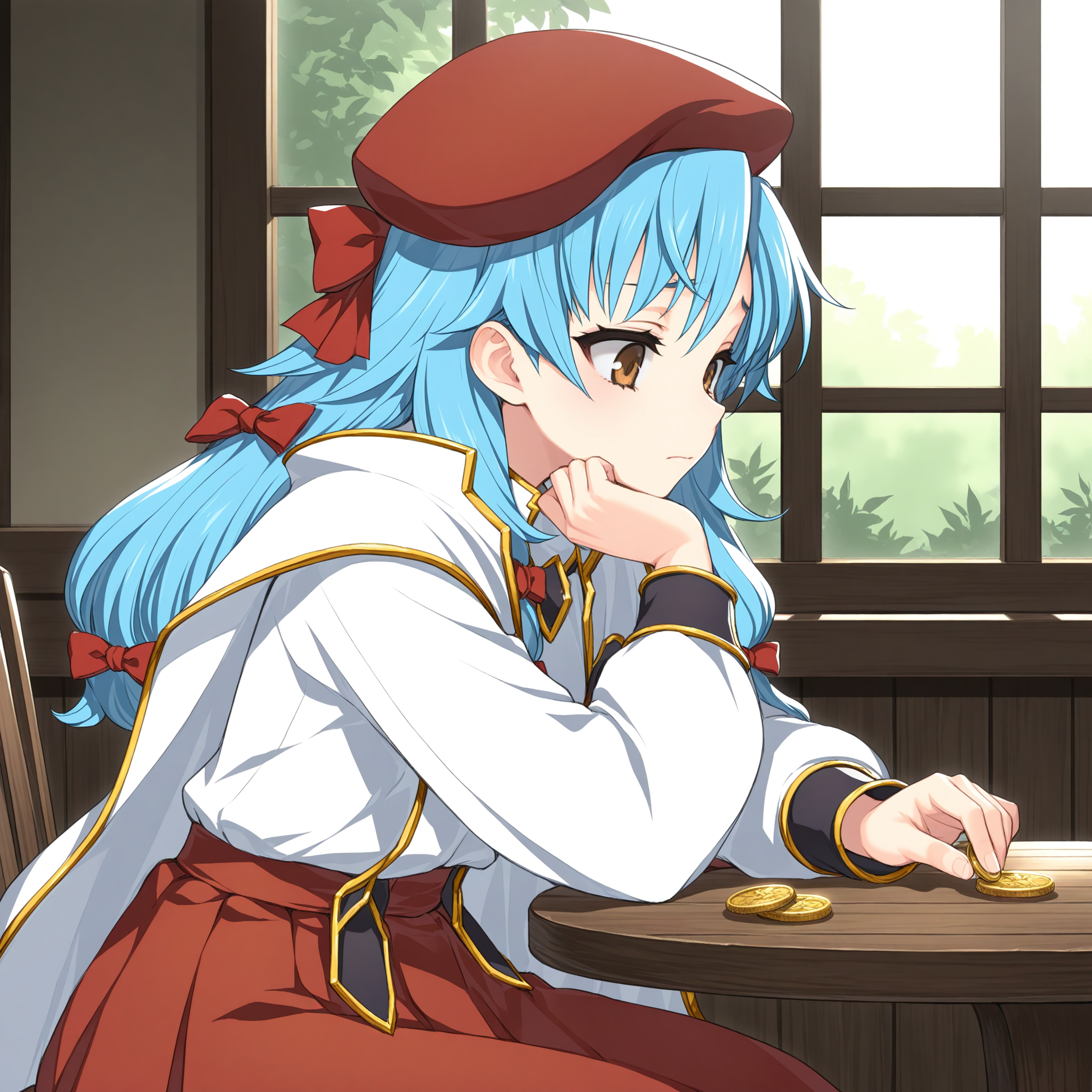 <lora:Copandon_Dott_1_nai-000046:1>,Copandon Dott,long hair,hair bow,
skirt,cape,long sleeves,red headwear,red bow,
1girl,solo,holding coin,gold coin,arm on table,wooden table,sitting,from side,looking at hand,sad,arm support,hand on own cheek,indoors,day,window,