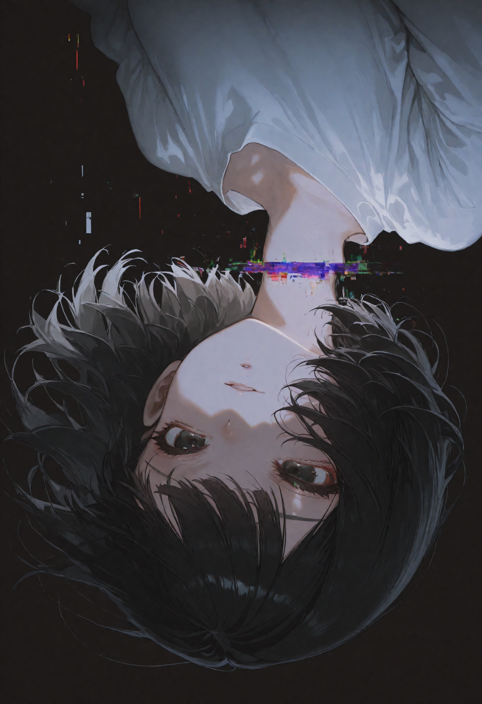masterpiece, best quality, newest, absurdres, highres, very awa, anime screencap, no lineart:1.3, depth of field, foreshortening:1.2, glitch, scanlines, vhs artifacts, film grain, colorful, ambient occlusion, simple background, dark background, abstract, solo, surreal, 1girl, falling, colorful, upside-down, glitch, large glitch, floating hair, glitch in head, black hair, shirt, short hair, bob cut, 
