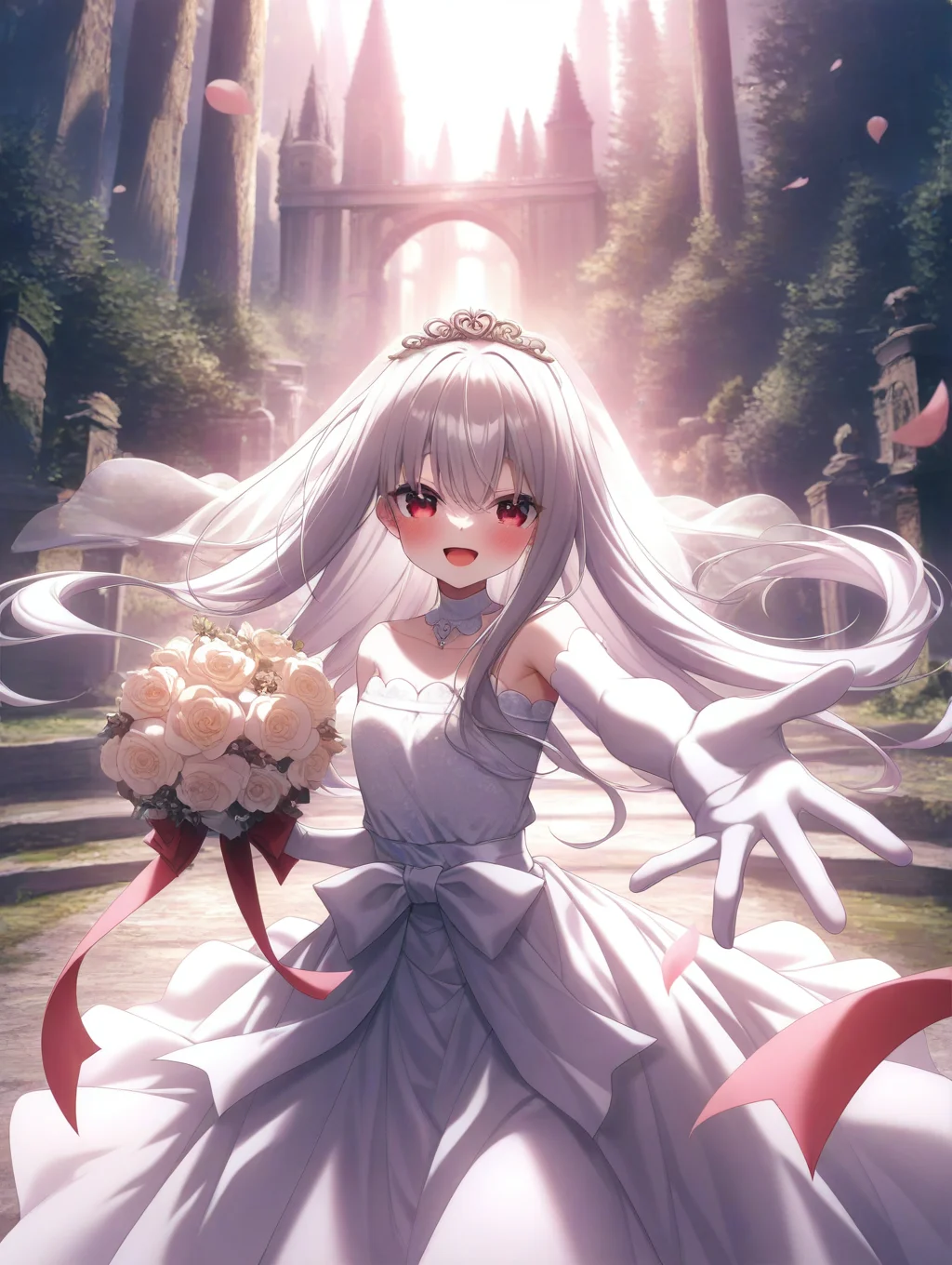 masterpiece,best quality,amazing quality,very aesthetic,absurdres,newest,scenery,<lora:Sion_ilxl_v1-000010:0.8>,1girl,solo,red eyes,long hair,blush,smile,looking at viewer,open mouth,bow,ribbon,sion,standing,white hair,wedding dress, outstretched arm, holding bouquet,