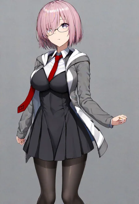 Mash_Def, glasses, short dress, black dress, black skirt, necktie, red necktie, wing collar, jacket, open jacket, hooded jacket, grey jacket, hood down, black pantyhose,
masterpiece, best quality, very aesthetic, absurdres, 1milf, 1adult, solo, full_body, tachi-e,