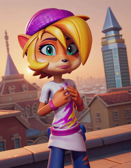 score_9, score_8_up, score_7_up, source_anime, <lora:coco-bandicoot-totally-tubular-ingame4-ponyxl-lora-nochekaiser:1>, coco bandicoot, short hair, blonde hair, green eyes, pointy ears, furry, 3d, shirt, hat, torn clothes, striped shirt, pants, rooftop, sunset, cityscape, quiet moment, wind blowing, contemplative, , looking at viewer, hands on own chest,, solo,, cowboy shot, dutch angle,