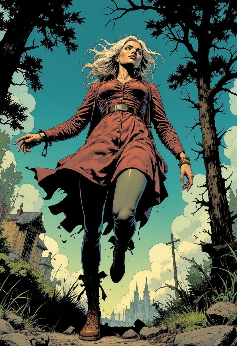 (dutch angle:1.2),(view from below:1.4), Comic book art,by Ashley Wood, deep meaningful context backgrounds, young woman,
