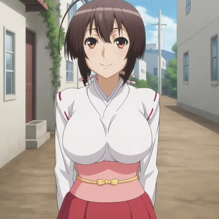 <lora:SlimesMusubi:1>, slimes_musubi, woman, solo, hands behind back, smiling